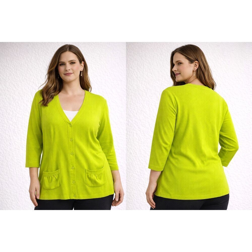Melrose Chic Women’s Cardigan Size L Neon Green Ribbed Button Front Stretch Top